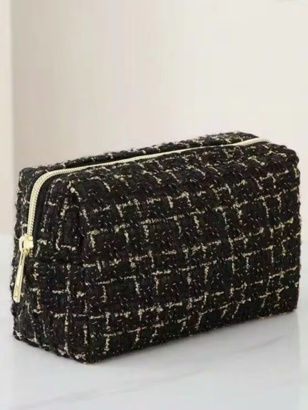 Buy now! Small black tweed cosmetic pouch bag